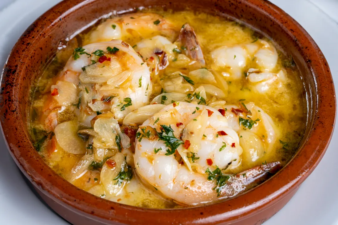 Gambas al ajillo — sizzling garlic shrimp at Los Gallegos Miami